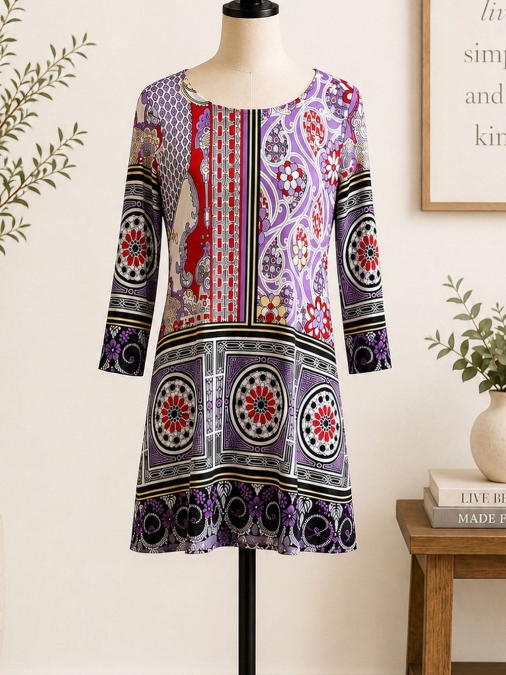 Nally & Millie Dress Womens M Purple Red Mixed Print Shift Tunic 3/4 Sleeve